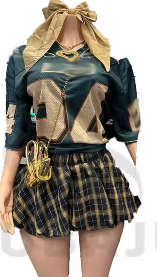 Jersey plaid skirt two piece